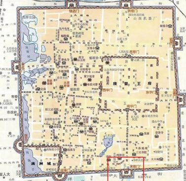 清朝时期，太原府城地图，承恩门位于城东南