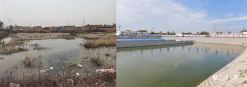 左图：中街村原来的污水坑。中街村供图；右图：污水坑改造后的中水蓄水池。人民网记者 焦搏文摄
